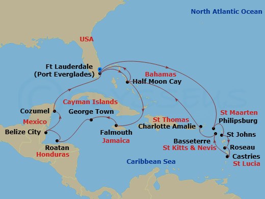 21 Night - Western & Eastern Caribbean : Mexico & Leeward Islands - Rotterdam - Starting in Fort Lauderdale, Florida, RelaxAway, Half Moon Cay, Bahamas, Falmouth, Jamaica, Georgetown, Cayman Islands, Mahogany Bay, Roatan, Honduras, Belize City, Belize, Cozumel, Mexico, Fort Lauderdale, Florida, Philipsburg, Sint Maarten, St Johns AG, Antigua, Roseau, Dominica, Castries, Saint Lucia, Basseterre, St Kitts and Nevis, St Thomas, US Virgin Islands, RelaxAway, Half Moon Cay, Bahamas, Fort Lauderdale, Florida itinerary map