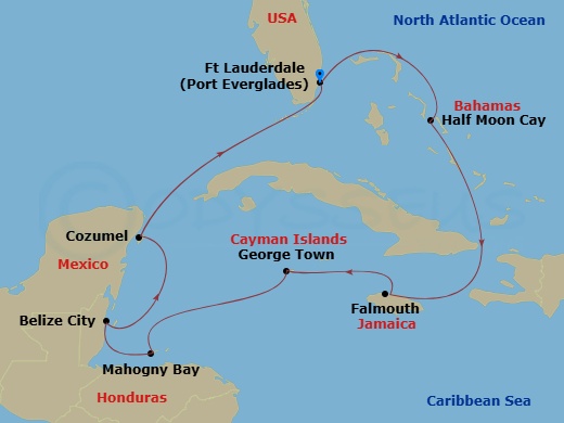 10 Night - Western Caribbean : Greater Antilles, Belize & Mexico - Rotterdam - Starting in Fort Lauderdale, Florida, RelaxAway, Half Moon Cay, Bahamas, Falmouth, Jamaica, Georgetown, Cayman Islands, Mahogany Bay, Roatan, Honduras, Belize City, Belize, Cozumel, Mexico, Fort Lauderdale, Florida itinerary map