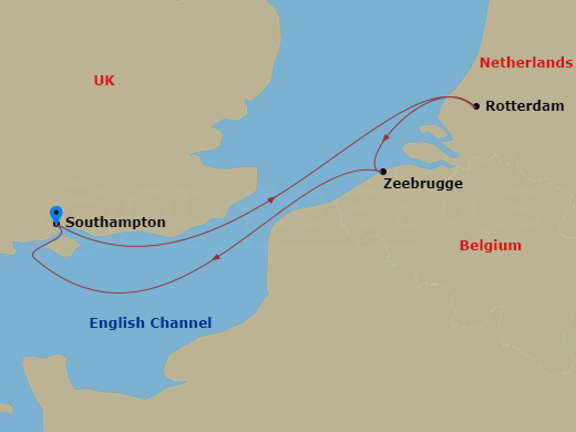 4 Night - Rotterdam and Zeebrugge Short Break - Queen Anne - Starting in Southampton, England, UK, Rotterdam, Netherlands, Zeebrugge (tours to Bruges), Belgium, Southampton, England, UK itinerary map