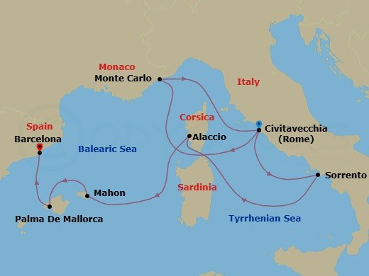 13 Night - An Extended Journey to Mediterranean Icons and F1 Celebrations - EXPLORA I - Starting in Civitavecchia (Rome), Monte Carlo, Civitavecchia (Rome), Sorrento, Ajaccio (Corsica), Mahon (Menorca), Palma De Mallorca, Barcelona itinerary map