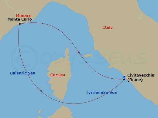 7 Night - Monaco F1 Race Weekend, Reimagined - EXPLORA I - Starting in Civitavecchia (Rome), Monte Carlo, Civitavecchia (Rome) itinerary map