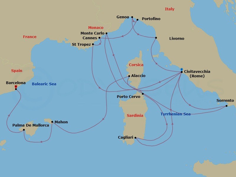 21 Night - An Extended Journey from Mediterranean Radiance to the Thrill of Monaco Race Weekend - EXPLORA I - Starting in Civitavecchia (Rome), Livorno (Florence), Genoa, Portofino, Cannes, Saint-Tropez, Porto Cervo (Sardinia), Sardinia / Cagliari, Civitavecchia (Rome), Monte Carlo, Civitavecchia (Rome), Sorrento, Ajaccio (Corsica), Mahon (Menorca), Palma De Mallorca, Barcelona itinerary map