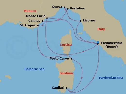 15 Night - An Extended Journey from Riviera Icons to Grand Prix Glamour - EXPLORA I - Starting in Civitavecchia (Rome), Livorno (Florence), Genoa, Portofino, Cannes, Saint-Tropez, Porto Cervo (Sardinia), Sardinia / Cagliari, Civitavecchia (Rome), Monte Carlo, Civitavecchia (Rome) itinerary map