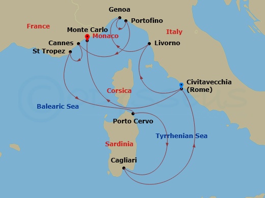 14 Night - An Extended Journey of Splendid Coastlines & F1 Action - EXPLORA I - Starting in Civitavecchia (Rome), Livorno (Florence), Genoa, Portofino, Cannes, Saint-Tropez, Porto Cervo (Sardinia), Sardinia / Cagliari, Civitavecchia (Rome), Monte Carlo itinerary map