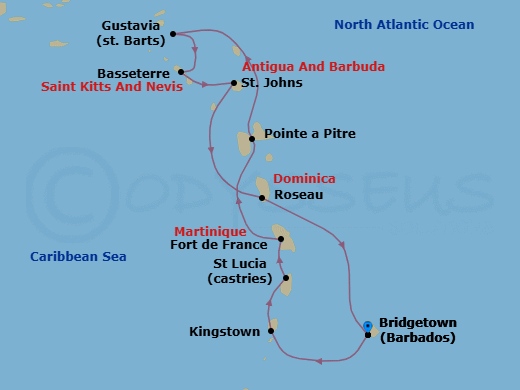 10 Night - Tropical Heart & Soul - Seven Seas Grandeur - Starting in Bridgetown, Cruising the Caribbean Sea, Kingstown, Castries, Fort-de-France, Pointe-a-Pitre, Gustavia, Basseterre, St Johns, Roseau, Bridgetown itinerary map