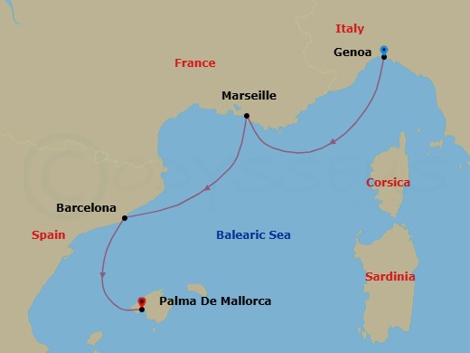 3 Night - Western Mediterranean from Genova (Portofino) - Costa Toscana - Starting in Genoa (Portofino), Marseille, Barcelona, Palma De Mallorca itinerary map