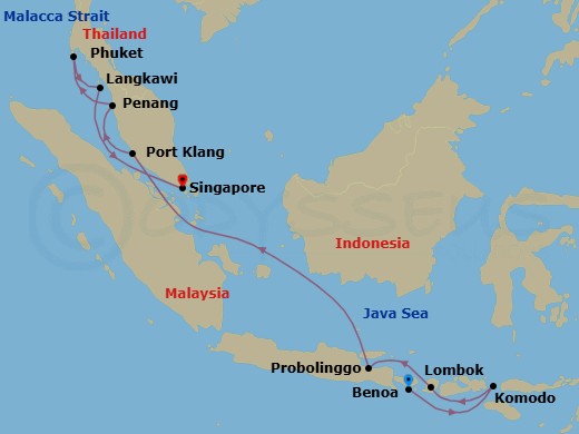 12 Night - Peaceful Shores & Vibrant Cityscape - Seven Seas Explorer - Starting in Bali (Benoa), Komodo, Lombok (Lembar), Probolinggo, Cruising the Java Sea, Cruising the Malacca Strait, Kuala Lumpur (Port Klang), Penang, Phuket, Langkawi, Cruising the Malacca Strait, Singapore itinerary map