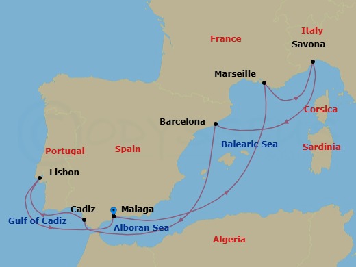 10 Night - Europe Roundtrip from Malaga - Costa Diadema - Starting in Malaga, Marseille, France, Savona, Italy, Barcelona, Spain, Cadiz, Lisbon, Portugal, Malaga itinerary map