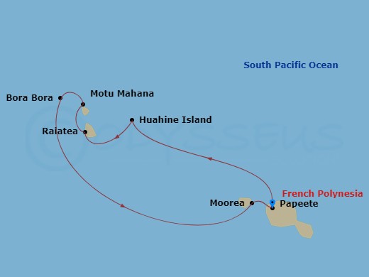 7 Night - Pearls of the Society Islands - MS Paul Gauguin - Starting in Papeete, Tahiti Island, Huahine, Society Islands, Raiatea, Society Islands, Motu Mahana, Tahaa Island, Society Islands, Bora Bora, Society Islands, Moorea Island, Papeete, Tahiti Island itinerary map