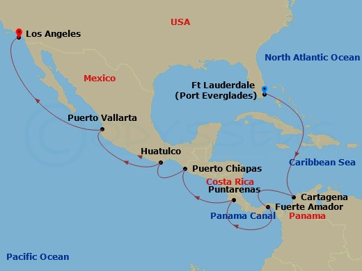 16 Night - Panama Canal - Ocean to Ocean - Crown Princess - Starting in Fort Lauderdale, Florida, Cartagena CO, Panama Canal Full Transit New Locks, Fuerte Amador, Panama (for Panama City), Puntarenas, Costa Rica, Puerto Chiapas, Mexico, Huatulco, Mexico, Puerto Vallarta, Mexico, Los Angeles, California itinerary map