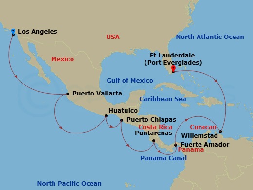 16 Night - Panama Canal - Ocean to Ocean - Crown Princess - Starting in Los Angeles, California, Puerto Vallarta, Mexico, Huatulco, Mexico, Puerto Chiapas, Mexico, Puntarenas, Costa Rica, Fuerte Amador, Panama (for Panama City), Panama Canal Full Transit New Locks, Curacao, Fort Lauderdale, Florida itinerary map