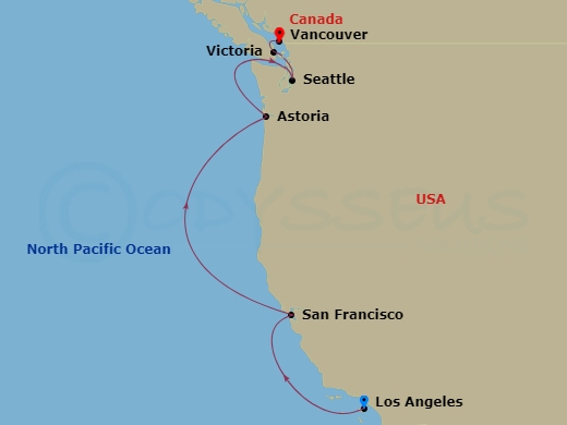 7 Night - Pacific Wine Country - Crown Princess - Starting in Los Angeles, California, San Francisco, California, Astoria, Oregon, Seattle, Washington, Victoria CA, Vancouver, Canada itinerary map