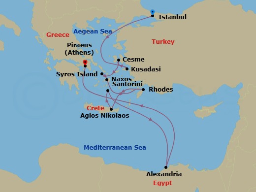 13 Night - Istanbul to Athens - Silver Shadow - Starting in Istanbul, Kusadasi, Cesme, Syros, Naxos, Rhodes, Aghios Nikolaos, Crete, Santorini, Alexandria EG, Athens (Piraeus) itinerary map