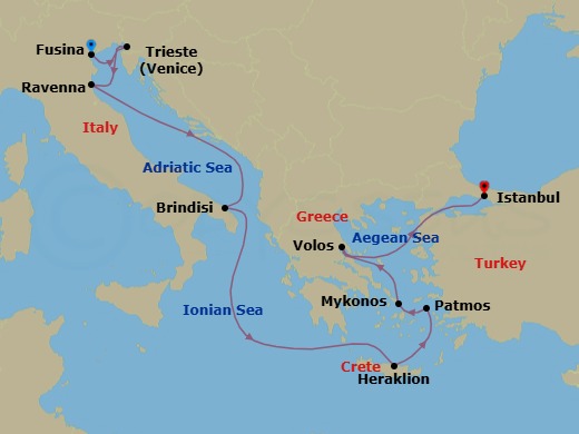 12 Night - Fusina to Istanbul - Silver Shadow - Starting in Fusina (Venice), Trieste, Ravenna, Brindisi, Heraklion, Patmos, Mykonos, Volos, Istanbul itinerary map