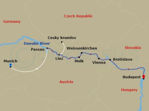 7 Night - Danube Explorer - Emerald Astra - Starting in Munich / Passau, Passau, Linz / Cesky Krumlov, Melk / Weissenkirchen, Vienna, Vienna / Bratislava, Budapest itinerary map