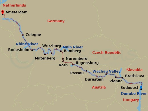 14 Night - Early Season Splendours of Europe - Emerald Astra - Starting in Budapest, Bratislava, Vienna, Durnstein / Melk, Passau, Regensburg, Nuremberg, Bamberg, Wurzburg, Miltenberg / Wertheim, Rudesheim, Cologne, Amsterdam itinerary map