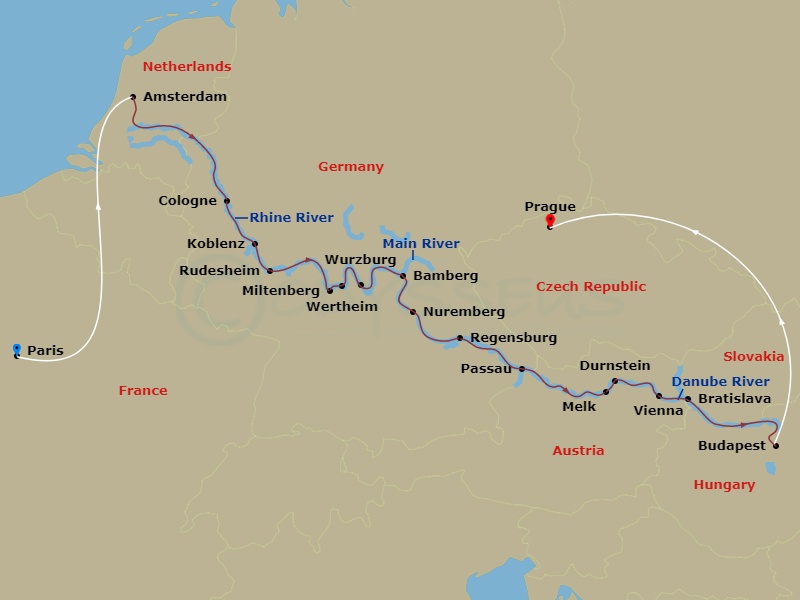 20 Night - Prague to Paris & Christmas Markets of Europe - Emerald Destiny - Starting in Paris, Paris / Amsterdam, Amsterdam, Cologne, Rudesheim, Miltenberg / Wertheim, Wurzburg, Bamberg, Nuremberg, Regensburg, Passau / Linz, Melk / Durnstein, Vienna, Bratislava, Budapest, Budapest / Prague, Prague itinerary map