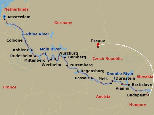 17 Night - Splendours of Europe & Prague - Emerald Destiny - Starting in Amsterdam, Cologne, Rudesheim, Miltenberg / Wertheim, Wurzburg, Bamberg, Nuremberg, Regensburg, Passau / Linz, Melk / Durnstein, Vienna, Bratislava, Budapest, Budapest / Prague, Prague itinerary map