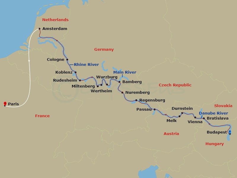 17 Night - Christmas Markets of Europe & Paris - Emerald Sun - Starting in Budapest, Bratislava, Vienna, Durnstein / Melk, Passau, Regensburg / Kelheim, Nuremberg, Bamberg, Wurzburg, Wertheim / Miltenberg, Rudesheim / Koblenz, Cologne, Amsterdam, Amsterdam / Paris, Paris itinerary map