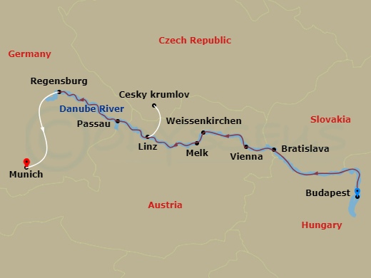 9 Night - Early Season On the Danube & Munich - Emerald Luna - Starting in Budapest, Bratislava, Vienna, Weissenkirchen / Melk, Linz / Cesky Krumlov, Passau, Passau / Munich, Munich itinerary map