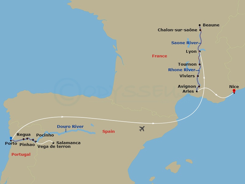 14 Night - Discover the Douro & Rhone Rivers - Emerald Radiance - Starting in Porto, Porto / Pinhao, Pinhao / Vega de Terron, Vega de Terron / Salamanca, Pocinho / Regua, Regua / Porto, Porto, Porto / Lyon, Lyon, Macon, Tournon, Viviers, Avignon, Arles, Arles / Marseille itinerary map