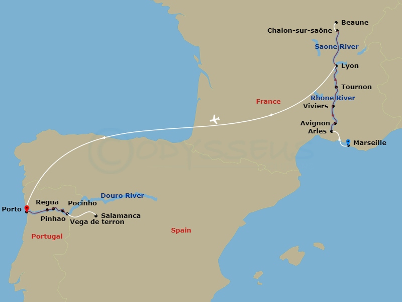 14 Night - Discover the Rhone & Douro Rivers - Emerald Liberte - Starting in Marseille / Arles, Arles, Avignon, Viviers, Tournon, Macon, Lyon, Lyon / Porto, Porto / Pinhao, Pinhao / Vega de Terron, Vega de Terron / Salamanca, Pocinho / Regua, Regua / Porto, Porto itinerary map