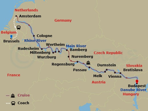 17 Night - Belgian Delights & Splendours of Europe - Emerald Destiny - Starting in Brussels, Brussels / Amsterdam, Amsterdam, Cologne, Rudesheim, Miltenberg / Wertheim, Wurzburg, Bamberg, Nuremberg, Regensburg, Passau / Linz, Melk / Durnstein, Vienna, Bratislava, Budapest itinerary map