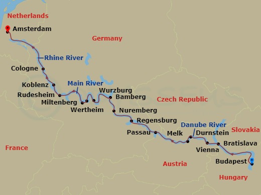 16 Night - Splendours of Europe & Amsterdam - Emerald Destiny - Starting in Budapest, Bratislava, Vienna, Durnstein / Melk, Passau, Regensburg, Nuremberg, Bamberg, Wurzburg, Wertheim / Miltenberg, Rudesheim / Koblenz, Cologne, Amsterdam itinerary map