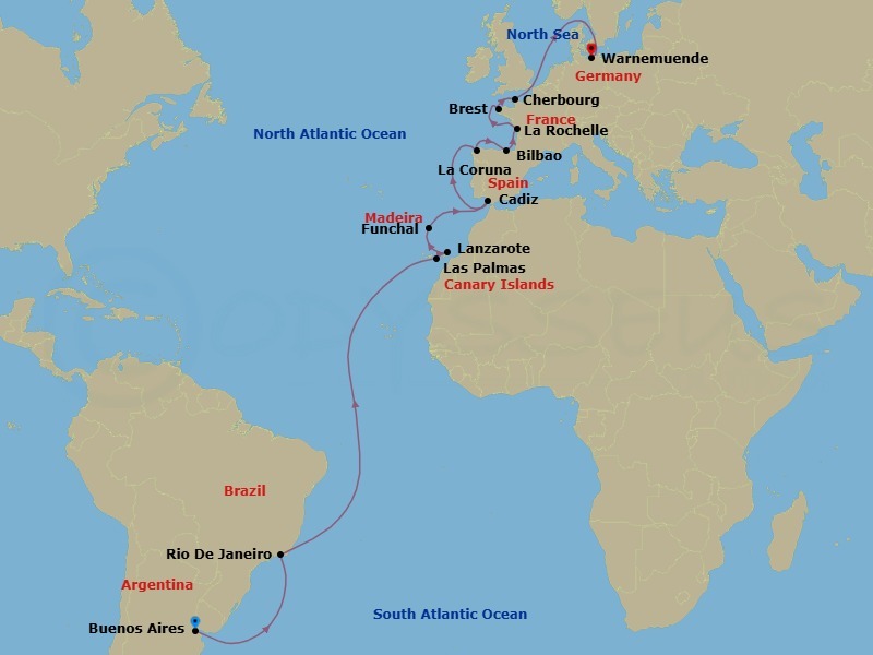 24 Night - Msc Grand Voyages - MSC Splendida - Starting in Buenos Aires, Argentina, Rio De Janeiro, Brazil, Las Palmas de Gran Canaria (Canary Islands), Spain, Arrecife De Lanzarote (Canary Islands), Spain, Funchal (Madeira Islands), Portugal, Cadiz (Seville), Spain, La Coruna (Santiago De Compostela), Spain, Bilbao, Spain, La Rochelle, France, Brest, France, Cherbourg (Mont Saint-Michel), France, Warnemunde (Berlin), Germany itinerary map