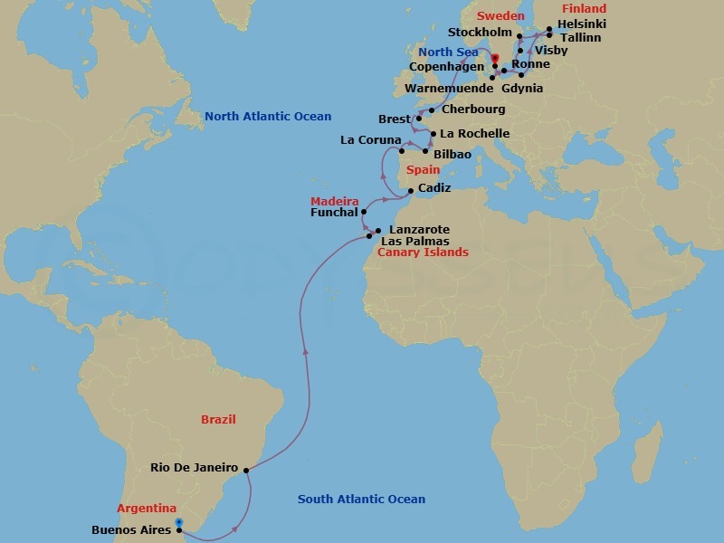 34 Night - Msc Grand Voyages - MSC Splendida - Starting in Buenos Aires, Argentina, Rio De Janeiro, Brazil, Las Palmas de Gran Canaria (Canary Islands), Spain, Arrecife De Lanzarote (Canary Islands), Spain, Funchal (Madeira Islands), Portugal, Cadiz (Seville), Spain, La Coruna (Santiago De Compostela), Spain, Bilbao, Spain, La Rochelle, France, Brest, France, Cherbourg (Mont Saint-Michel), France, Warnemunde (Berlin), Germany, Gdynia (Gdansk), Poland, Tallinn, Estonia, Helsinki, Finland, Stockholm, Sweden, Visby, Sweden, Ronne, Denmark, Copenhagen, Denmark itinerary map