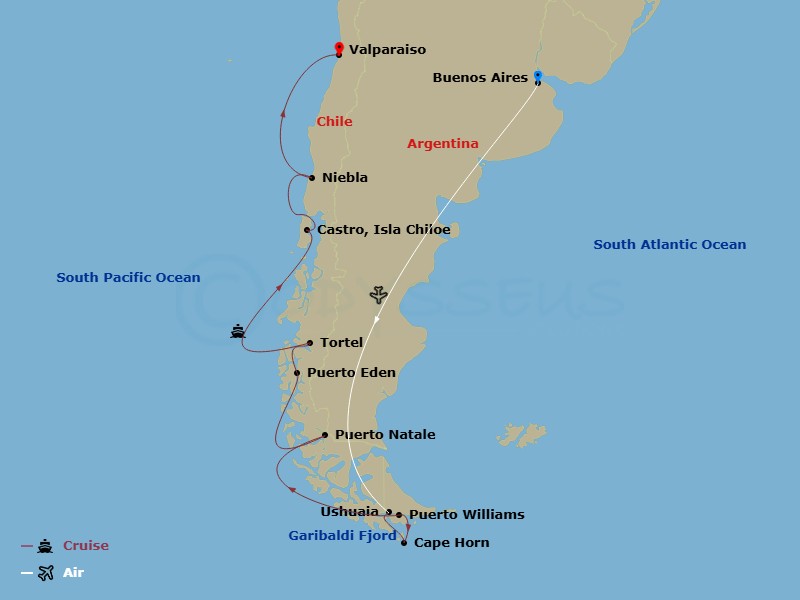 15 Night - Chilean Fjords - Highlights of Patagonia - MS Roald Amundsen Tours - Starting in Buenos Aires, Buenos Aires / Ezeiza Airport (International), Ushuaia Airport, Ushuaia, Cape Horn, Puerto Williams, Garibaldi Glacier, Puerto Natales, Puerto Eden, Tortel, Castro, Niebla, Valparaiso itinerary map