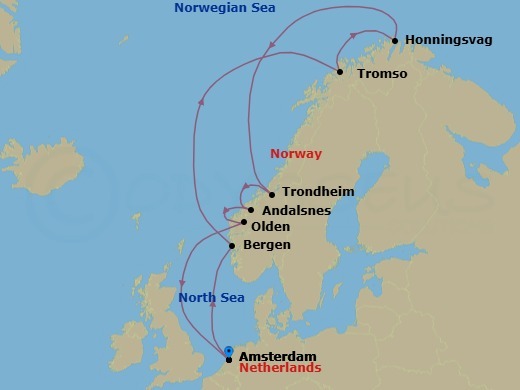 11 Night - Arctic Circle & Norwegian Fjords - Valiant Lady - Starting in Amsterdam, Netherlands, Bergen, Norway, Arctic Circle (Cruising), Norway, Tromso, Norway, Honningsvag, Norway, Arctic Circle (Cruising), Norway, Trondheim, Norway, Andalsnes, Norway, Olden, Norway, Amsterdam, Netherlands itinerary map
