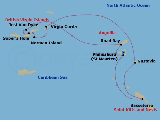 7 Night - Treasure Islands - Star Flyer - Starting in Philipsburg, St Maarten, Road Bay, Anguilla, White Bay, Jost Van Dyke, Sopers Hole, Tortola, Sailing Sir Francis Drake Channel, The Bight / Norman Island, British Virgin Islands, Spanish Town, Virgin Gorda, Beach, Captains Best, British Virgin Islands, Gustavia, St Barts, Basseterre, St Kitts (Morning), South Friars Bay, St Kitts, Philipsburg, St Maarten itinerary map