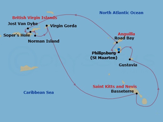 7 Night - Treasure Islands - Star Flyer - Starting in Philipsburg, St Maarten, Road Bay, Anguilla, White Bay, Jost Van Dyke, Sopers Hole, Tortola, Sailing Sir Francis Drake Channel, The Bight / Norman Island, British Virgin Islands, Spanish Town, Virgin Gorda, Beach, Captains Best, British Virgin Islands, Basseterre, St Kitts (Morning), South Friars Bay, St Kitts, Gustavia, St Barts, Philipsburg, St Maarten itinerary map
