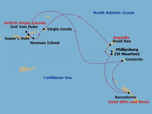 7 Night - Treasure Islands - Star Flyer - Starting in Philipsburg, St Maarten, Road Bay, Anguilla, Spanish Town, Virgin Gorda, Beach, Captains Best, British Virgin Islands, Sailing Sir Francis Drake Channel, The Bight / Norman Island, British Virgin Islands, Sopers Hole, Tortola, White Bay, Jost Van Dyke, Gustavia, St Barts, Basseterre, St Kitts (Morning), South Friars Bay, St Kitts, Philipsburg, St Maarten itinerary map
