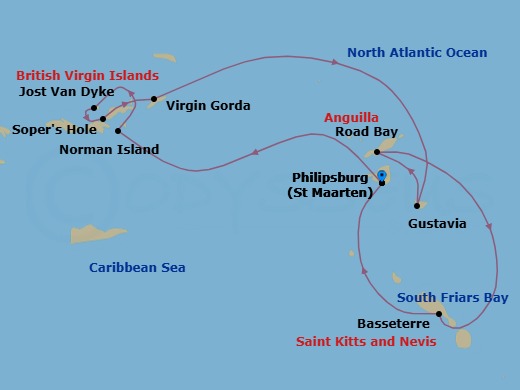 7 Night - Treasure Islands New Year's Cruise - Star Flyer - Starting in Philipsburg, St Maarten, Sailing Sir Francis Drake Channel, The Bight / Norman Island, British Virgin Islands, White Bay, Jost Van Dyke, Sopers Hole, Tortola, Spanish Town, Virgin Gorda, Beach, Captains Best, British Virgin Islands, Gustavia, St Barts, Road Bay, Anguilla, Basseterre, St Kitts (Morning), South Friars Bay, St Kitts, Philipsburg, St Maarten itinerary map