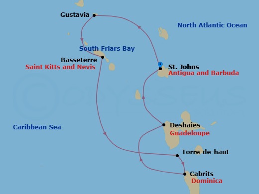 7 Night - Antigua Roundtrip - Star Clipper - Starting in St Johns AG, Gustavia, St Barts, Basseterre, St Kitts (Morning), South Friars Bay, St Kitts, Terre De Haut, Iles des Saintes, Beach, Martinique, Cabrits, Dominica, Deshaies, Guadeloupe, St Johns AG itinerary map