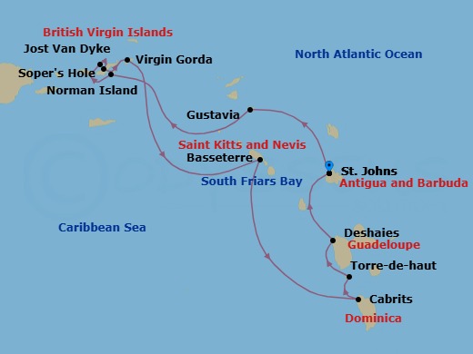 9 Night - Antigua to Antigua Christmas Cruise - Star Clipper - Starting in St Johns AG, Gustavia, St Barts, Sailing Sir Francis Drake Channel, The Bight / Norman Island, British Virgin Islands, White Bay, Jost Van Dyke, Sopers Hole, Tortola, Spanish Town, Virgin Gorda, Beach, Captains Best, British Virgin Islands, Basseterre, St Kitts (Morning), South Friars Bay, St Kitts, Cabrits, Dominica, Terre De Haut, Iles des Saintes, Deshaies, Guadeloupe, St Johns AG itinerary map