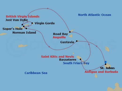 7 Night - Antigua to Antigua - Star Clipper - Starting in St Johns AG, Gustavia, St Barts, Sailing Sir Francis Drake Channel, The Bight / Norman Island, British Virgin Islands, Sopers Hole, Tortola, Spanish Town, Virgin Gorda, Beach, Captains Best, British Virgin Islands, White Bay, Jost Van Dyke, Road Bay, Anguilla, Basseterre, St Kitts (Morning), South Friars Bay, St Kitts, St Johns AG itinerary map