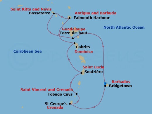 10 Night - Grenadine Islands New Year's Cruise - Royal Clipper - Starting in Bridgetown, Barbados, Captains Best, Grenadines, St Georges, Grenada, Tobago Cays, Grenadines, Soufriere, St Lucia, Cabrits, Dominica, Falmouth Harbour, Antigua, Basseterre, St Kitts (Morning), South Friars Bay (Beach), St Kitts (Afternoon), Terre De Haut, Iles des Saintes, Beach, Martinique, Bridgetown, Barbados itinerary map