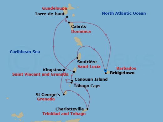 11 Night - Windward Islands Christmas Cruise - Royal Clipper - Starting in Bridgetown, Barbados, Rodney Bay, St Lucia, Cabrits, Cabrits, Dominica, Terre De Haut, Iles des Saintes, Beach, Martinique, Kingstown, St Vincent (Morning), Admiralty Bay, Bequia (Afternoon), Charlestown Bay, Canouan, Grenadines, Tobago Cays, Grenadines, Charlotteville, Tobago, St Georges, Grenada, Soufriere, St Lucia, Bridgetown, Barbados itinerary map