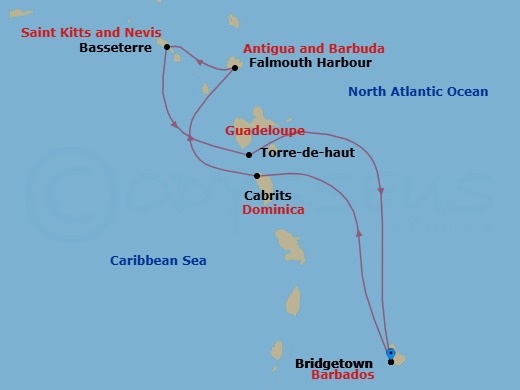 7 Night - Windward Islands - Royal Clipper - Starting in Bridgetown, Barbados, Rodney Bay, St Lucia, Cabrits, Dominica, Falmouth Harbour, Antigua, Basseterre, St Kitts (Morning), South Friars Bay (Beach), St Kitts (Afternoon), Terre De Haut, Iles des Saintes, Beach, Martinique, Bridgetown, Barbados itinerary map
