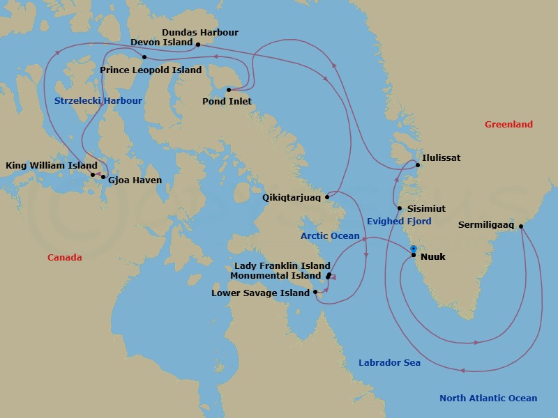 20 Night - Nuuk to Nuuk - Silver Wind - Starting in Nuuk (Godthab), Sermiligaaq, Evighedsfjord, Sisimiut, Ilulissat, Pond Inlet, Nunavut, Prince Leopold Island, Nunavut, Strezelecki Harbour, Nunavut, Gjoa Haven, Nunavut, King William Island, Croziers Camp, Flexure Bay, Nunavut, Devon Island (Radstock Bay), Dundas Harbour, Devon Island, Qikiqtarjuaq, nunavut, Lower Savage Islands, Monumental Island, Lady Franklin Island, Nuuk (Godthab) itinerary map