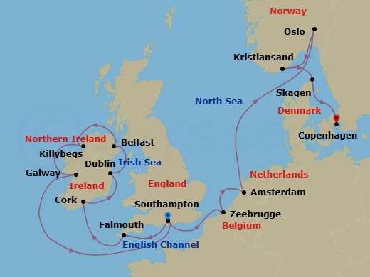 15 Night - Northern Capitals & British Isles Adventure - Caribbean Princess - Starting in Southampton (for London), England, Cornwall (Falmouth), England, Cork, Ireland (Cobh / for Blarney Castle), Dublin (Dun Laoghaire), Ireland, Belfast, Northern Ireland, Killybegs, Ireland, Galway, Ireland, Southampton (for London), England, Zeebrugge (for Brussels / Bruges), Belgium, Amsterdam, Netherlands, Oslo, Norway, Oslofjord (Scenic Cruising), Kristiansand, Norway, Skagen, Denmark, Copenhagen, Denmark itinerary map