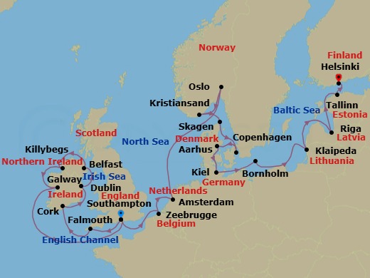 22 Night - Northern Capitals & British Isles Explorer - Caribbean Princess - Starting in Southampton (for London), England, Cornwall (Falmouth), England, Cork, Ireland (Cobh / for Blarney Castle), Dublin (Dun Laoghaire), Ireland, Belfast, Northern Ireland, Killybegs, Ireland, Galway, Ireland, Southampton (for London), England, Zeebrugge (for Brussels / Bruges), Belgium, Amsterdam, Netherlands, Oslo, Norway, Oslofjord (Scenic Cruising), Kristiansand, Norway, Skagen, Denmark, Copenhagen, Denmark, Aarhus, Denmark, Kiel (Hamburg), Germany, Bornholm, Denmark, Klaipeda, Lithuania, Riga, Latvia, Tallinn, Estonia, Helsinki, Finland itinerary map