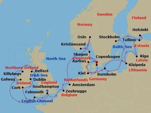 29 Night - Scandinavia & British Isles Explorer - Caribbean Princess - Starting in Southampton (for London), England, Cornwall (Falmouth), England, Cork, Ireland (Cobh / for Blarney Castle), Dublin (Dun Laoghaire), Ireland, Belfast, Northern Ireland, Killybegs, Ireland, Galway, Ireland, Southampton (for London), England, Zeebrugge (for Brussels / Bruges), Belgium, Amsterdam, Netherlands, Oslo, Norway, Oslofjord (Scenic Cruising), Kristiansand, Norway, Skagen, Denmark, Copenhagen, Denmark, Aarhus, Denmark, Kiel (Hamburg), Germany, Bornholm, Denmark, Klaipeda, Lithuania, Riga, Latvia, Tallinn, Estonia, Helsinki, Finland, Tallinn, Estonia, Stockholm, Sweden, Klaipeda, Lithuania, Bornholm, Denmark, Kiel (Hamburg), Germany, Copenhagen, Denmark itinerary map