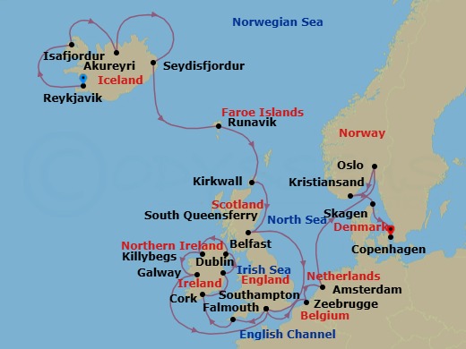 24 Night - British Isles & Icelandic Fjords Explorer - Caribbean Princess - Starting in Reykjavik, Iceland, Isafjordur, Iceland, Akureyri, Iceland, Seydisfjordur, Iceland, Runavik, Faroe Islands, Orkney Islands (Kirkwall), Scotland, Edinburgh (South Queensferry), Scotland, Southampton (for London), England, Cornwall (Falmouth), England, Cork, Ireland (Cobh / for Blarney Castle), Dublin (Dun Laoghaire), Ireland, Belfast, Northern Ireland, Killybegs, Ireland, Galway, Ireland, Southampton (for London), England, Zeebrugge (for Brussels / Bruges), Belgium, Amsterdam, Netherlands, Oslo, Norway, Oslofjord (Scenic Cruising), Kristiansand, Norway, Skagen, Denmark, Copenhagen, Denmark itinerary map