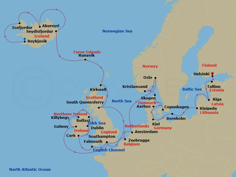 31 Night - Northern Capitals & Viking Fjords Explorer - Caribbean Princess - Starting in Reykjavik, Iceland, Isafjordur, Iceland, Akureyri, Iceland, Seydisfjordur, Iceland, Runavik, Faroe Islands, Orkney Islands (Kirkwall), Scotland, Edinburgh (South Queensferry), Scotland, Southampton (for London), England, Cornwall (Falmouth), England, Cork, Ireland (Cobh / for Blarney Castle), Dublin (Dun Laoghaire), Ireland, Belfast, Northern Ireland, Killybegs, Ireland, Galway, Ireland, Southampton (for London), England, Zeebrugge (for Brussels / Bruges), Belgium, Amsterdam, Netherlands, Oslo, Norway, Oslofjord (Scenic Cruising), Kristiansand, Norway, Skagen, Denmark, Copenhagen, Denmark, Aarhus, Denmark, Kiel (Hamburg), Germany, Bornholm, Denmark, Klaipeda, Lithuania, Riga, Latvia, Tallinn, Estonia, Helsinki, Finland itinerary map