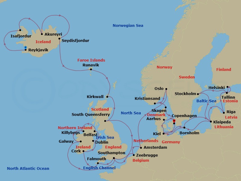 38 Night - Northern Europe Explorer - Caribbean Princess - Starting in Reykjavik, Iceland, Isafjordur, Iceland, Akureyri, Iceland, Seydisfjordur, Iceland, Runavik, Faroe Islands, Orkney Islands (Kirkwall), Scotland, Edinburgh (South Queensferry), Scotland, Southampton (for London), England, Cornwall (Falmouth), England, Cork, Ireland (Cobh / for Blarney Castle), Dublin (Dun Laoghaire), Ireland, Belfast, Northern Ireland, Killybegs, Ireland, Galway, Ireland, Southampton (for London), England, Zeebrugge (for Brussels / Bruges), Belgium, Amsterdam, Netherlands, Oslo, Norway, Oslofjord (Scenic Cruising), Kristiansand, Norway, Skagen, Denmark, Copenhagen, Denmark, Aarhus, Denmark, Kiel (Hamburg), Germany, Bornholm, Denmark, Klaipeda, Lithuania, Riga, Latvia, Tallinn, Estonia, Helsinki, Finland, Tallinn, Estonia, Stockholm, Sweden, Klaipeda, Lithuania, Bornholm, Denmark, Kiel (Hamburg), Germany, Copenhagen, Denmark itinerary map