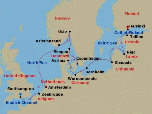 14 Night - Northern Capitals Adventure - Caribbean Princess - Starting in Southampton (for London), England, Zeebrugge (for Brussels / Bruges), Belgium, Amsterdam, Netherlands, Kristiansand, Norway, Oslo, Norway, Oslofjord (Scenic Cruising), Skagen, Denmark, Copenhagen, Denmark, Aarhus, Denmark, Warnemunde (for Berlin), Germany, Bornholm, Denmark, Klaipeda, Lithuania, Riga, Latvia, Tallinn, Estonia, Helsinki, Finland itinerary map